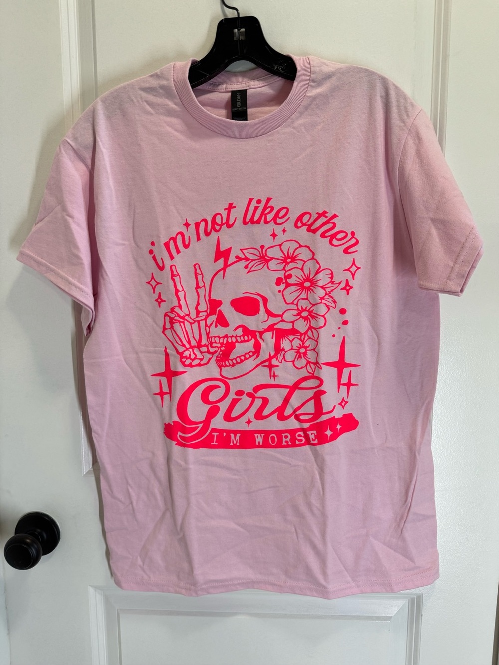 Gildan Pink Short Sleeve Tee with Hot Pink Skull Graphic